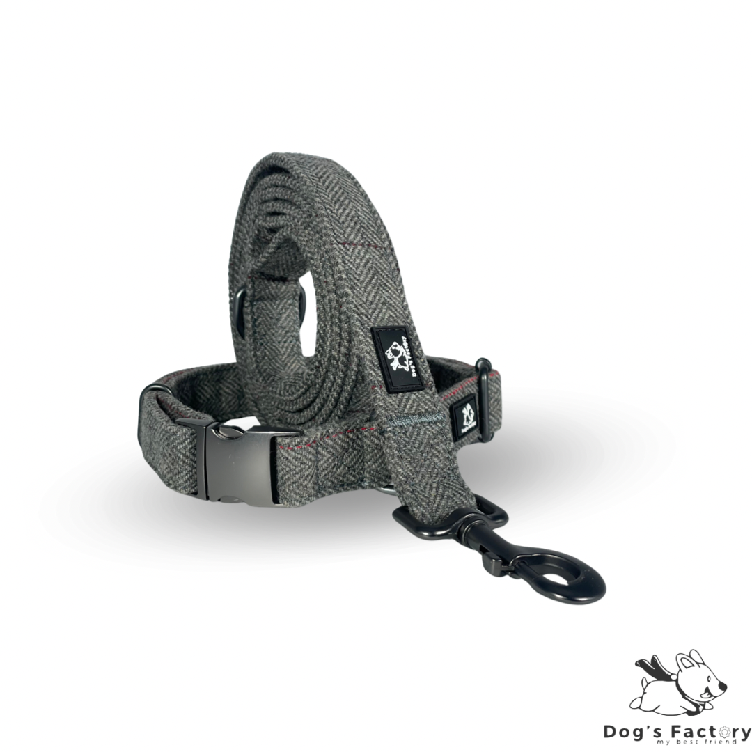 OLIVER | Set collare & guinzaglio - Tweed Grigio Chiaro
